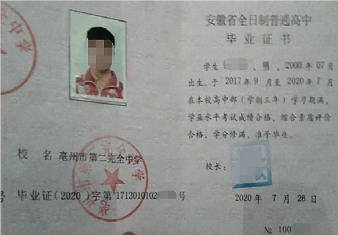 铜山亳州市第二完全中学高中毕业证样本